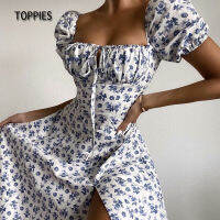 Toppies  Summer Maxi Dress y Side Split Square Collar Party Wear French Court Style Floral Dress Front Knot Bow