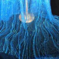 1 Yard Sky Blue Iron Bronzing Glitter Sequin Fabric Wave Pattern Lace Fabric Wedding Dress Designer Material Shiny Party Tissu