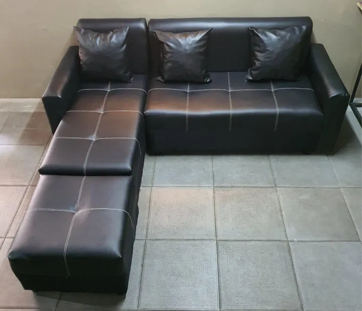 L shape black leather sofa set uratex foam Lazada PH
