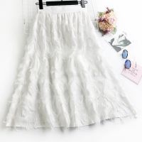 Womens Fashion 3D Feathers Tutu Skirt Korean Female High Waist Chiffon Black White Chic A-Line Midi Skirts  Spring Sk670