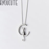 RYOUCUTE 100 Real Pure Silver Color Jewelry Vintage Korean Long Cat Moon Necklaces For Women Wedding Kolye Collares