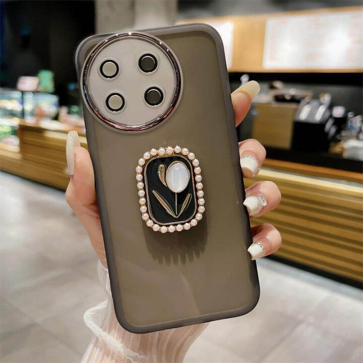 เคสโทรศัพท์ขาตั้งดอกไม้ไข่มุกหรูสำหรับ-realme-11-4g-5g-11-pro-11-pro-c51-c53-c55-c33-c35-c30-c31-c11-c20-c12-c25-c25s-c21y-c25y-realme-10-pro-10-pro-10-pro-10-pro-9i-ด้วยเคสฝาปิดโปร่งใส-tpu-นิ่มลายฟิล