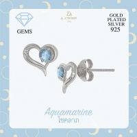 A.CEMI -March Birthstone Stud Earring พลอยแท้ อะความารีน ต่างหูพลอยแท้ อะความารีน ต่างหูเงินแท้ ชุบทอง 18K