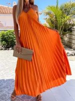 ◎ Sexy Off Shoulder Hanging Neck Women Long Dress Elegant Rib Pleat Dress Summer Casual Backless Solid Color Beach Style Dress