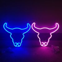 ๑☌♝ LED Neon Light Bull Head Wall Art Sign Lights Family Party Holiday Decoration Bedroom Decoration Hanging Neon Lamp Xmas Gifts