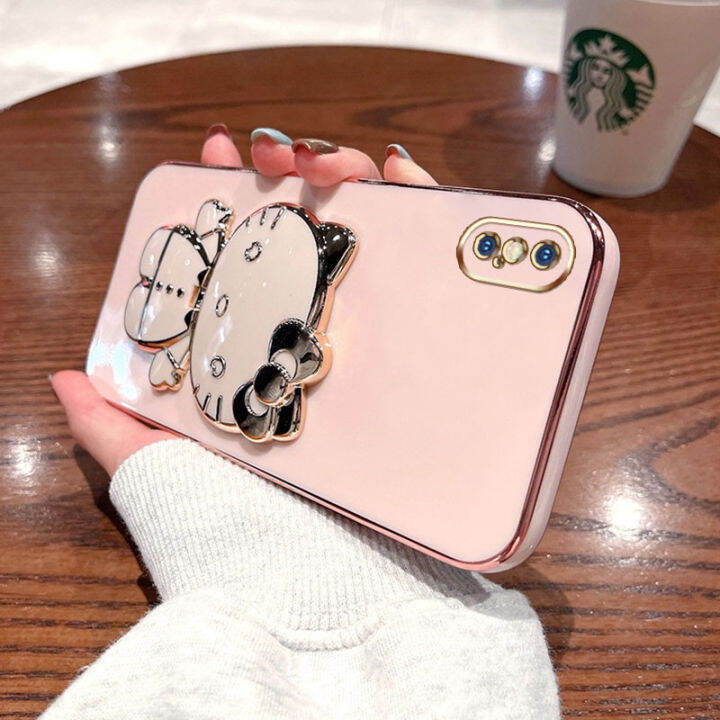 ybdกับเคสโทรศัพท์กระจกเข้ากันได้กับ-iphone-x-xs-xs-max-xr-เคส3d-แมวน่ารักพับเคสซิลิโคนแบบนิ่มยึดสามมิติ