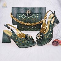 QSGFC 2023 Newest Green Color Italian Design Rhinestone Decoration Shaped Heel Fashion Peep Toe Banquet Ladies Shoes And Bag Set