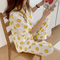 Summer Smiley Short Sleeve Gauze Pajama Women Homewear Set Crepe Cotton Pants Sleepwear Tops Pyjama Suit Femme White Cute D315