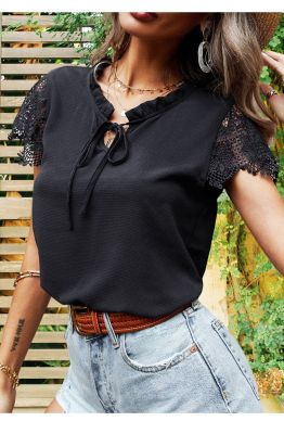 ‘；’ 2022 Summer Short Sleeve Womens Blouses And Tops Loose White Lace Chic Shirt Women Tops Shirts Casual Clothes