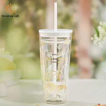 Japanese style Starbucks sakura Wooden Tumblers cover glass Straw cup 591ML  Cherry blossom Double layer coffee