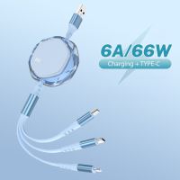 6A 3In1 66W ชาร์จเร็วสุดๆสายข้อมูล USB ปรับขนาดได้โปร่งใสเหมาะสำหรับ Samsung เหมาะสำหรับ Huawei ที่เหมาะสมกับ Xiaomi เหมาะสำหรับ Apple 14สายแปลงสายชาร์จ