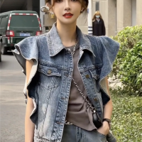 Designer denim vest, vintage ruffles, flying sleeves, single-breasted denim vest, top shoulders