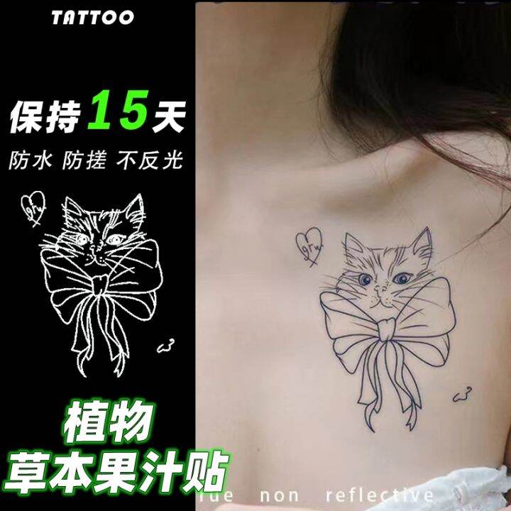 herbal-juice-tattoo-stickers-waterproof-female-long-lasting-simulation-bow-cat-tattoo-sexy-collarbone-high-end-stickers