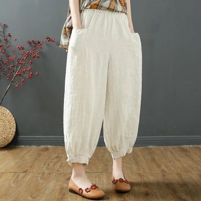 กางเกงบลูมเมอร์ฮาราจูกุของผู้หญิงผ้าฝ้ายลินินแบบหลวมวินเทจโอเวอร์ไซส์4XL กางเกง Y2k กระเป๋าเกาหลียางยืดเอวสูง