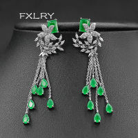 FXLRY New Elegant retro long cz green tassel drop earring for women bride wedding gift