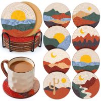 8Pcs DIY Bohemian Style Diamonds Painting Coaster Art landscape Mosaic Cup Cushion with Rack Diamond Rhinestones Paintings Decor