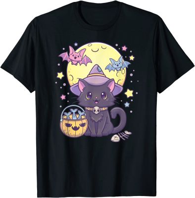 Kawaii Pastel Goth น่ารัก Creepy Halloween Black Cat หมวกแม่มดเสื้อยืดS-5XL