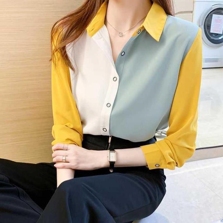 2022 New Spring-autumn Korean Color-block Long-sleeved Chiffon Blouse for Women  Fashion Casual Versatile Loose Top