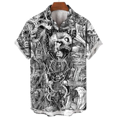 เสื้อยืดผู้ชายใหม่ฤดูร้อน2023 3D พิมพ์ลายสยองขวัญเสื้อฮาวายแฟชั่นนักออกแบบแฟชั่นเสื้อสยองขวัญของผู้ชายเสื้อวันแห่งความตาย5XL
