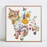 ♘▣ HUACAN Embroidery Kits Flowrer Cat Needlework Cross Stitch Animal Sets DIY Printed Canvas Gift Home Decoration 11CT 40x40cm