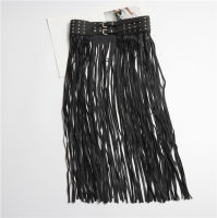 HATCYGGO Women Sexy Tassel Leather Skirts Belt Trendy Long Fringe Black High Waist Belt Female Punk Rivet Gothic Wide Waistband