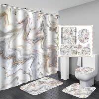 4Pcs Marble Style Shower Curtain Set with Non Slip Rugs Toilet Lid Cover and Bath Mats Bathroom Shower Curtain Rugs Accessories