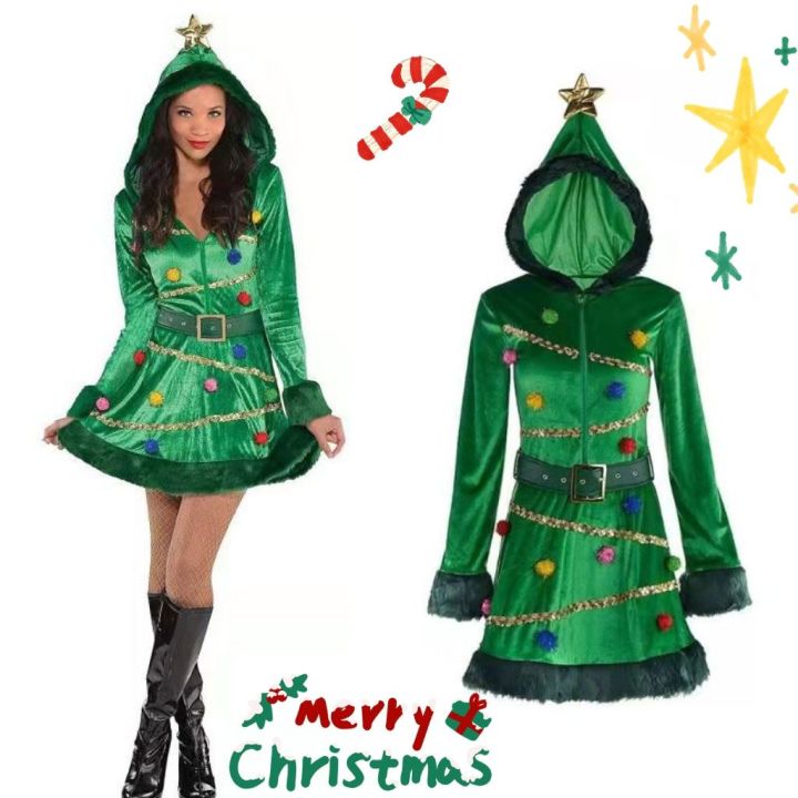 Lichristmas Costume Women Christmas Tree Dress Hat Belt Outfit Long