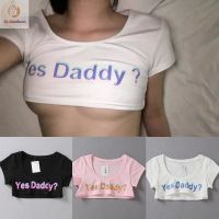 Women Yes Daddy Short Top Sleeve Yoga Crop Top Contrast Color Elastic Fitness Running T Shirt