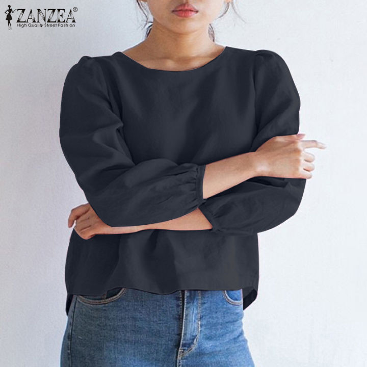 เคลียร์สต๊อกขาย-จัดส่งฟรี-fancystyle-zanzea-เสื้อเบลาส์คอกลมทรงหลวมเรียบง่ายแขนพองลำลองแบบสวมหัวสีทึบ-8