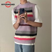 KYUSHUAD เสื้อถักผู้ชายแฟชั่นคอกลมเสื้อลายทางสเวตเตอร์ผู้ชายแบบใหม่