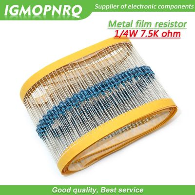 100pcs Metal film resistor Five color ring Weaving 1/4W 0.25W 1% 7.5K 7.5K ohm 7.5Kohm