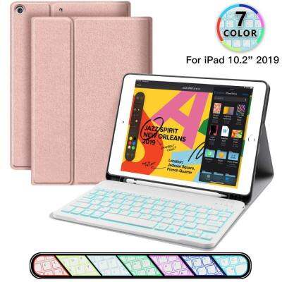 คีย์บอร์ดเรืองแสงกรณีสำหรับ iPad 7th Gen 10.2 2019,ที่ถอดออกได้แสงไฟบลูทูธคีย์บอร์ดอัตโนมัตินอน/ตื่นสมาร์ทหนังพลิกปกในตัวผู้ถือดินสอสำหรับ Apple iPad 10.2 นิ้ว 2019