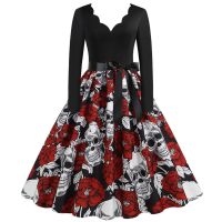 Special for holiday Hepburn style new temperament spot slim retro skull print big dress fake two pieces