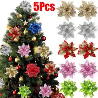 【YF】❧ﺴ  5 pçs flores de natal glitter artificial poinsettia floral árvore ornamentos diy guirlandas decorações festa casamento presente