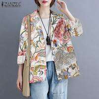 Oversized ZANZEA Women Vintage Printed Coats &amp; Jackets 2021 Spring AutumnLong Sleeve Outwears Casual Cotton Linen Loose Outwears