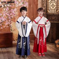 【CW】 Chinese Ancient Traditional New Clothing Set for Kid Boy Girl Long Sleeve Folk Dance Hanfu Ink Painting Print Performance Dress