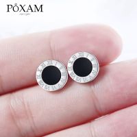 POXAM Korean Round Crystal Stud Earrings For Women Man Stainless Steel Roman Numeral Small Earrings Lady 2019 Fashion Jewelry