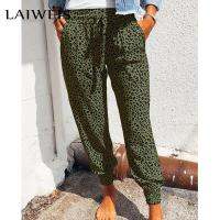 Women Leopard Printed Trousers Loose Lace-up Waist Long Pants with Pockets For Daily Summer Spring Fall Pencil Pant Streetwear