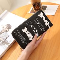 ○๑❀ Dot Polka Cat Print women wallet PU Leather Zipper Long Wallet ID Card Money Holder Women 39;s Clutch