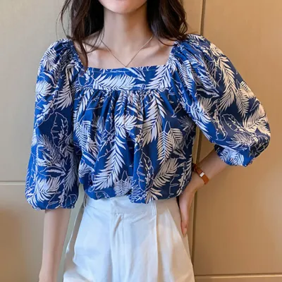 Women Square Collar Blouse Puff Sleeves Floral Printing Shirt Short Sleeves Loose Plus Size Tops