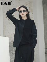 [EAM] Women Black Color-block Vintage Big Size Blouse New Lapel Long Sleeve Loose Fit Shirt Fashion Spring Autumn 2022 JH418