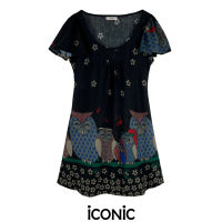 iCONiC ANDREZEL TOP #9050 เสื้อผญ ผ้ายืด สีดำ ลายนกฮูก ยาว30" เสื้อแฟชั่น เสื้อออกงาน เสื้อทำงาน เสื้อชายทะเล เสื้อแฟชั่นผญ เสื้อครอปอ