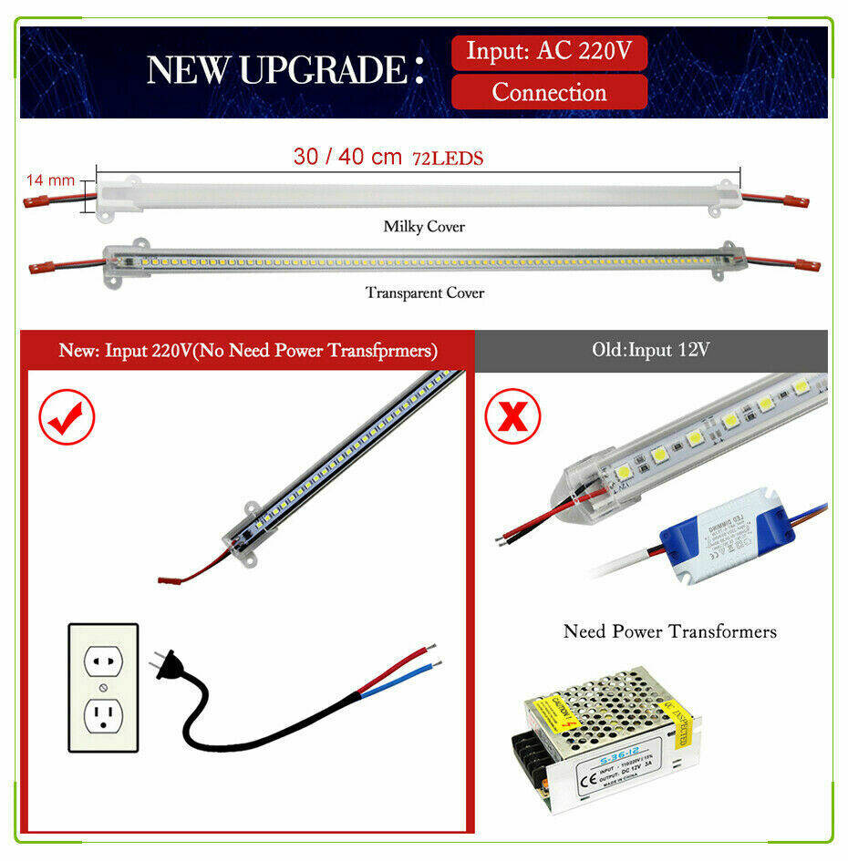 30/40CM 72LEDs Rigid Industries LED Light Bar Tube Strip DIY Showcase Lamp 220V 