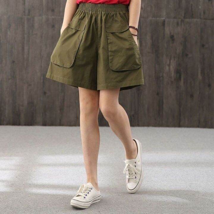 spot-cotton-shorts-womens-summer-loose-korean-style-summer-high-waist-outer-wear-show-thin-black-wide-leg-workwear-ins-fashion-2023