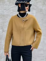 ๑┅ sdeifhruhvfu High-end dupla face cashmere casaco de lã feminino elegante o-pescoço botão couro curto outono inverno casacos senhora outwear topo