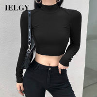 IELGY เสื้อยืดแขนยาวสำหรับผู้หญิง,เสื้อครอปเอวลอยเข้ารูปคอสูงชั้นในเข้ารูป Cewek Seksi สั้นอินเทรนด์