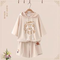 Spot parcel post Casual Suit Summer Girl University Style Short Sleeve Shorts Girlfriends Clothes Junior High School Student Cartoon Hooded Loose Two-Piece Suit