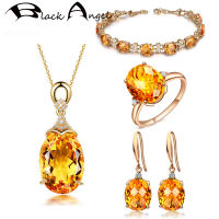 BLACK ANGEL Fashion Jewelry Set Luxury Citrine Silver 925 Drop Earrings Necklace Bracelet Open Ring for Women Dropshipping