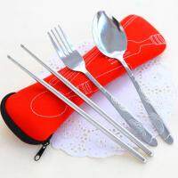 3 Pcs Cutlery Set Stainless Steel Sliver Color Nylon Bag Dinnerware Set Rust-proof Durable Reusable Picnic Cutlery For Travel Flatware Sets