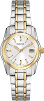 Bulova Ladies Classic Two-Tone Stainless Steel 3-Hand Calendar Date Quartz Watch, Silver-White Dial (Style: 98M105)